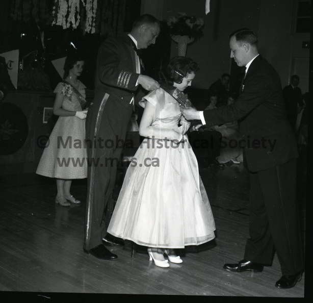 GRACE BARRON SELECTED AIR CADET QUEEN AIR CADET QUEEN-Miss Grace Barron, centre, is crowned Queen of the Air Cadet ball held here Friday night. Shown with her are, left to right; SL. C. Bell, of Southport, Miss Sharon Gray, Miss Germaine Stranger, GC. G.A. Hiltz, Commanding Officer of Southport, Miss Robina Rennie, Miss Rosemary Parsons, and H. A. Carmichael. 10797a.jpg