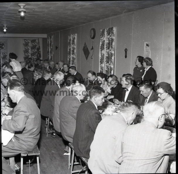 (Tashiro) April 6/56, Social, ANAF Annual Vimy Ridge Banquet, Some of the lead table quests at the ANAF Annual Vimy Banquet held Friday night are shown above. Included in the photo are Canon Bays of Winnipeg, quest speaker; and President W. Donaldson of the ANAF. 11472a.jpg