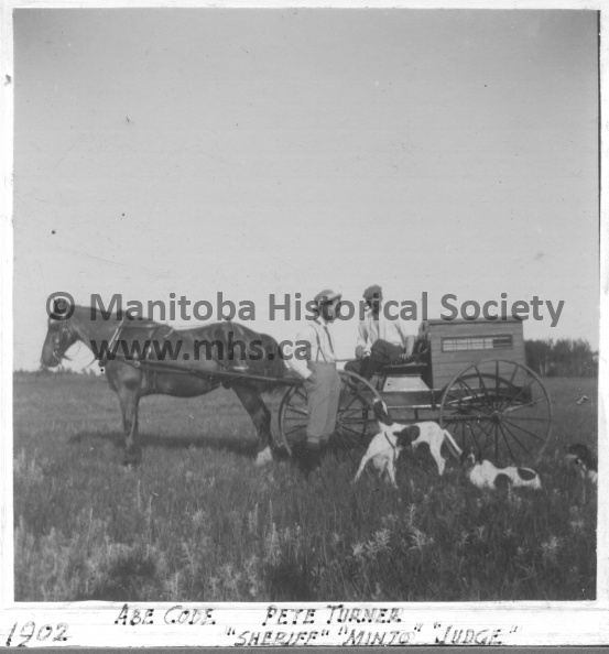 Photo from collage (lwl010 - lwl014), man smoking pipe seated on small horse-drawn wagon, man standing beside wagon looking at three white and black dogs, prairie vegetation surrounding; caption on bottom front: 1902. Abe Code. Pete Turner. Sheriff Minto Judge DM0019-010.jpg