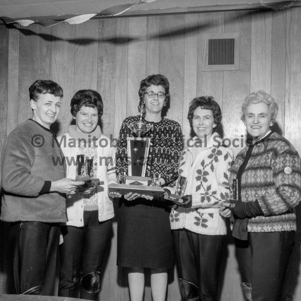 Photographer: Tashiro
February 22, 1968
Sports
Annual ladies bonspiel event winners
The Tully rink of Marquette, winner of the feature event, the Andrich, at the Portage ladies annual bonspiel. From the left are skip Laura Knight, Florence Tully, Georgina Hill, Portage club president, representing the donors; Olive Proctor and Marion Robertson. VP-1-01673-002.jpg