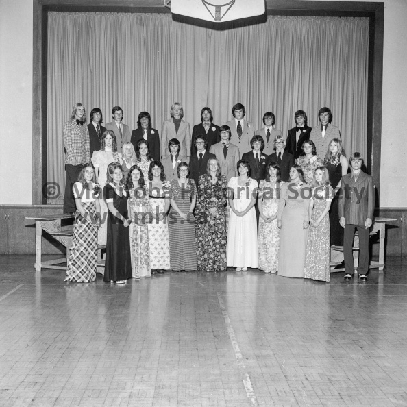 Photographer: Tashiro
September 28th, 1973
Graduation
PCI Graduation Exercises
Grade 12 graduates
Portage Collegiate Institute graduates, 1973.
Left to right, front, Mary Jane Bell, Carol Halwas, Ann Forbes, Susan Gilroy, Janice Forsythe, Debora Durnin, Vera Lynne Gage, Irene Cooper, Mavis Garrioch, Jo-Anne McFadden, Douglas Barkley;
centre, Valerie Bell, Barbara Jensen, Susan Jensen, Douglas Jordan, Curtis Hull, Glen Berrington, Roger Fortier, Fred Delany, Theresa Bradley, Noreen Bull;
rear, Reed Johnston, Rolland Hill, Randall Hiebert, Murray Hewitt, John Gummeson, Allan Goodz, Bruce Cameron, Miles Eros, Calvin Brown. VP-1-00559-002.jpg